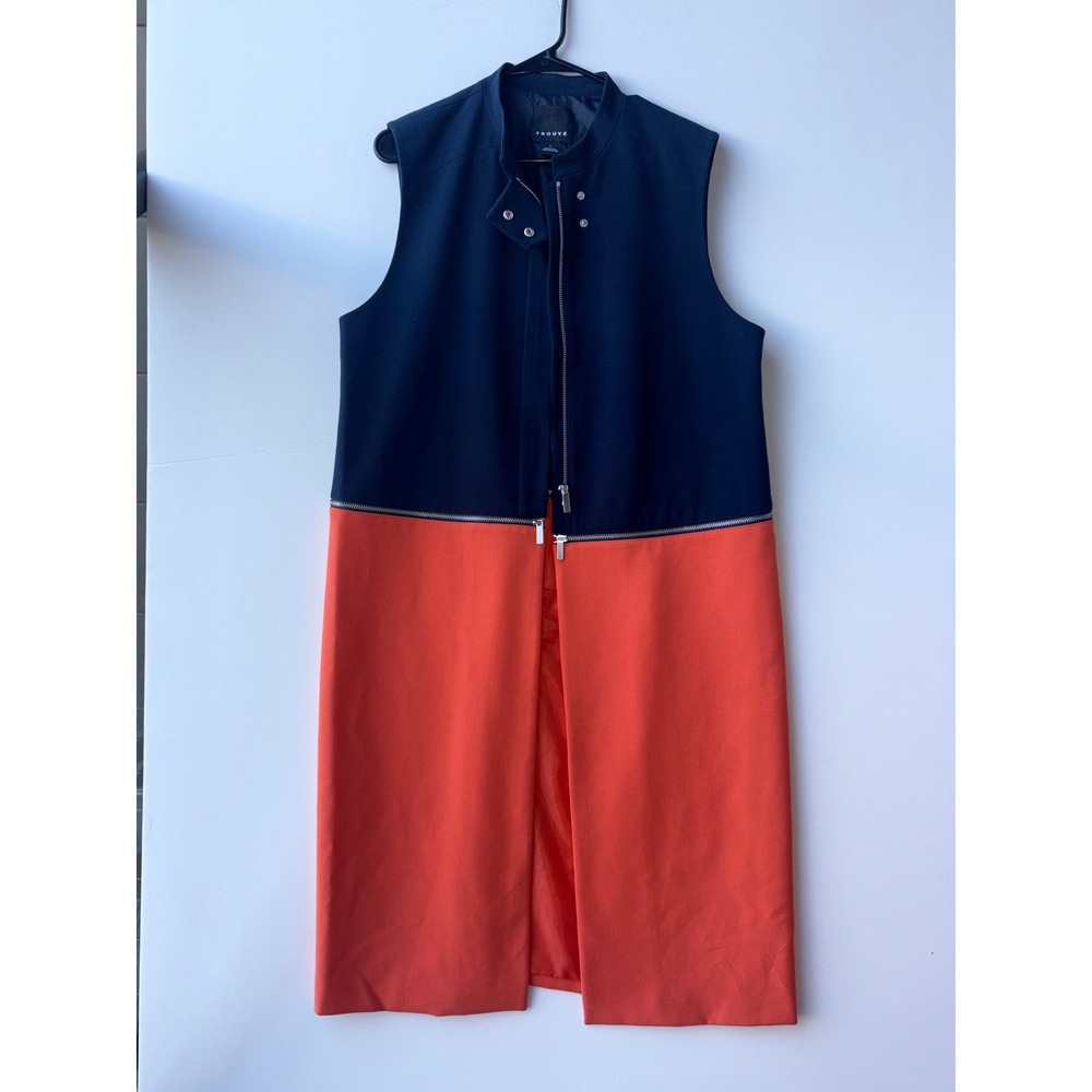 Trouve Colorblock Longline Vest Navy Blue Orange Multi Zip Sleeveless Jacket